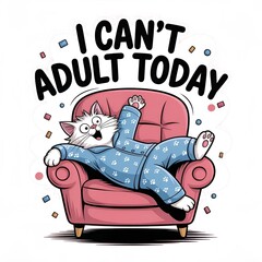 I Can't Adult Today" Funny Cat in Pajamas Slumped in a Pink Armchair