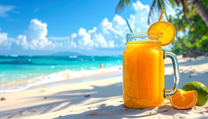 A refreshing orange drink with a straw and orange slice adornment, rests on a sandy beach, with a brilliant blue ocean in background