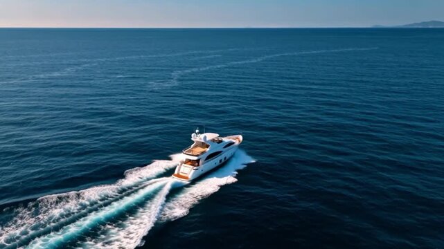 Aerial top-down cinematic drone video of a luxury yacht with a wooden deck cruising through the deep blue waters of the Aegean Sea.