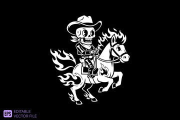Fototapeta premium Cartoon Skeleton Cowboy Riding a Flaming Horse.