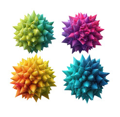 Four colorful, stylized, spiky spheres arranged in a quadrant layout against a black background