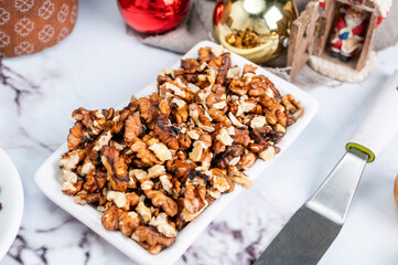 Homemade sweet bread filled with chocolate, dried fruits, walnuts, almonds, peanuts, candied nuts, raisins, and fruit, Christmas and Thanksgiving holiday bread. 
