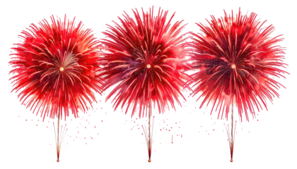 Three red burst fireworks against a black background illuminate the sky with their dazzling, festive explosions