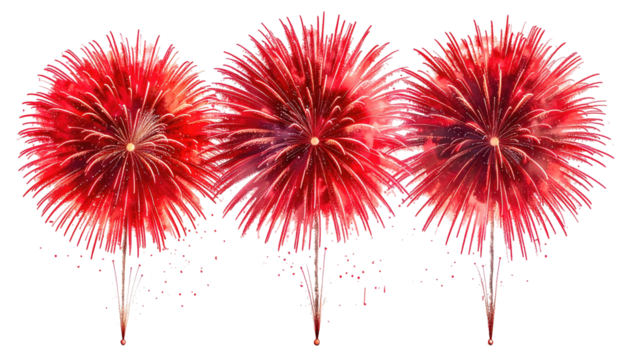 Three red burst fireworks against a black background illuminate the sky with their dazzling, festive explosions