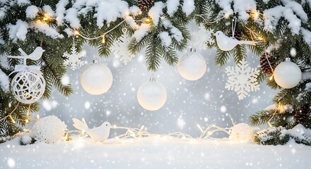Christmas background with snowcovered fir branches and white decorations