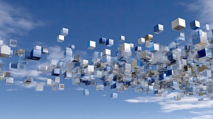 Obraz premium Abstract representation of floating glass cubes against a clear blue sky with clouds, illustrating modern technology and design concepts