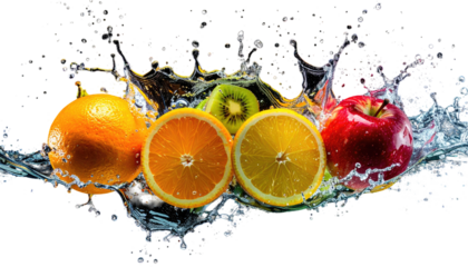 Fresh fruits?orange, halved orange, lemon, kiwi, and apple?splashed with water against a black background