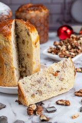 Homemade sweet bread filled with chocolate, dried fruits, walnuts, almonds, peanuts, candied nuts, raisins, and fruit, Christmas and Thanksgiving holiday bread. 