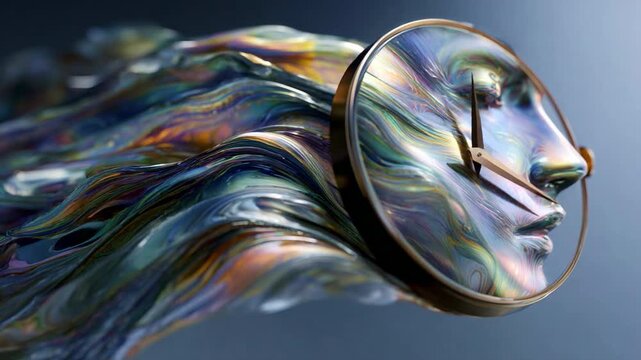 An ethereal and mesmerizing fusion of time and beauty, this artistic representation portrays a flowing face made of colorful waves, intertwined with a luxurious clock, evoking a dreamlike sensation.