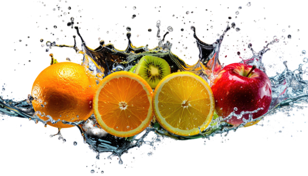 Fresh fruits?orange, halved orange, lemon, kiwi, and apple?splashed with water against a black background