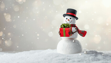 Fototapeta premium Festive snowman holding gift in winter wonderland.