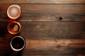 Fototapeta premium Top view of three glasses of craft beer on rustic wooden table with empty space on the right, perfect for bar menus, brewery ads, and Oktoberfest promotional designs