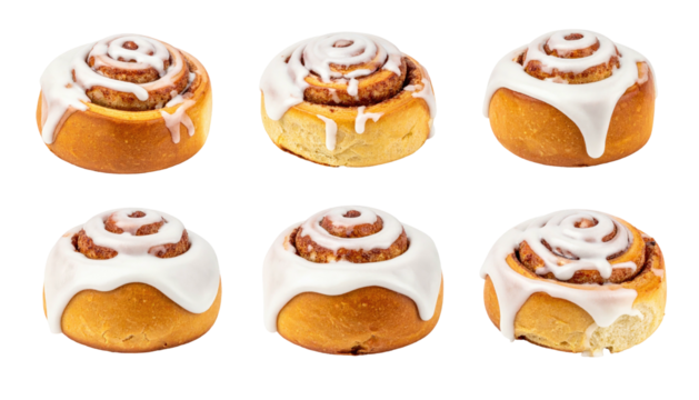 Six cinnamon rolls glazed with white icing arranged in rows on a solid black background