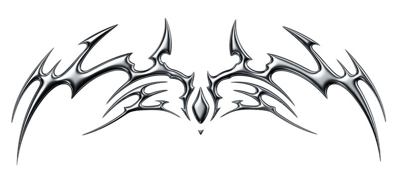 Chrome neo tribal tattoo. Succubus womb sigils and sharp cyber sigilism elements in liquid silver Y2K style	