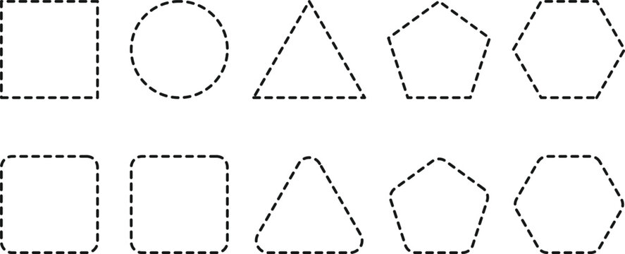 Geometric dashed line shapes collection. Dotted line Rectangle, circle, triangle and other
