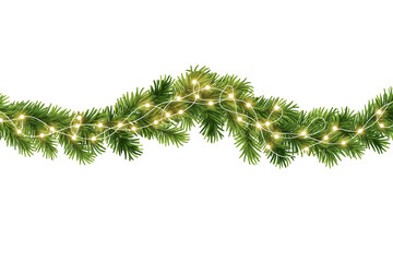 Seamless Christmas Border with Lights Garland and Pine Branches  Decorative Festive Frame on White Background