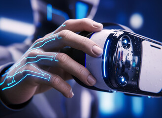 Immersive Future Vision – Close Up of Hand Holding Virtual Reality Headset in Modern Minimalist Space