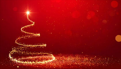 Sparkling Christmas tree silhouette with bright star and glitter trail, red festive background.