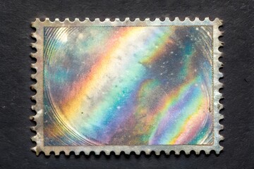 Close up of a vintage postage stamp with colorful iridescent light reflections
