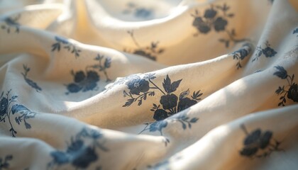 Cream fabric has blue floral pattern. Fabric folds softly with light casting shadows and highlights. Gentle pattern suggests vintage textile or wallpaper design.