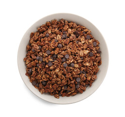 Delicious granola with chocolate chips in bowl isolated on white, top view
