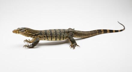 Fototapeta premium Striped lizard with short legs and a long tail, against a white backdrop