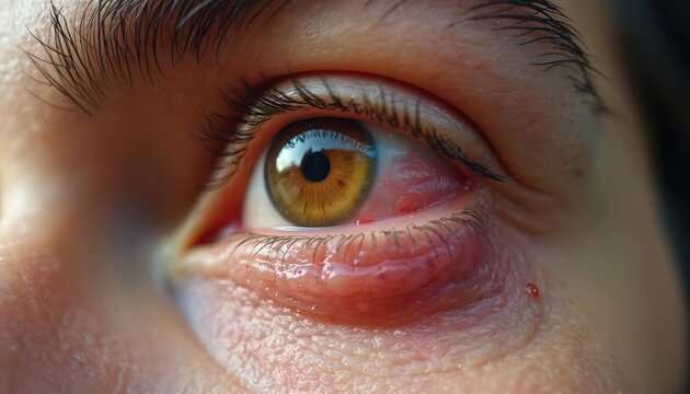 Close-up eye with chalazion on lower eyelid. Eye infected with stye inflammation visible. Swollen, red irritated skin with a bacterial infection of the meibomian gland.