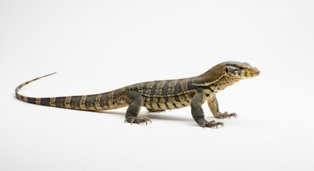 Naklejka premium Striped lizard with a long tail stands on a white surface, looking right