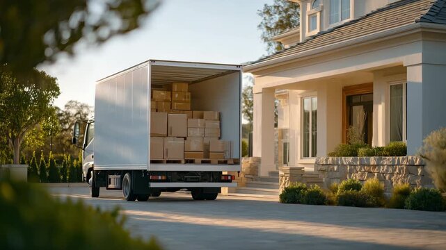 213Moving truck standing ready, furniture and boxes tightly packed, sunlight glinting on metallic surfaces, quiet suburban surroundings