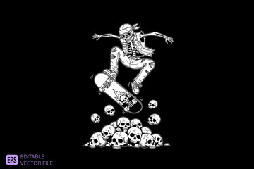 Fototapeta premium Skeleton Skateboarder Performing an Ollie Over a Pile of Skulls.