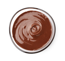 Tasty melted chocolate in bowl isolated on white, top view