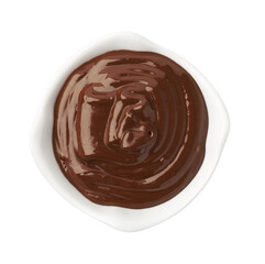 Tasty melted chocolate in bowl isolated on white, top view