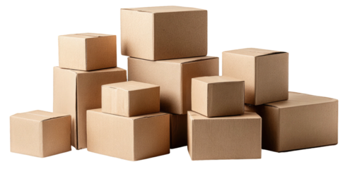 A stack of cardboard boxes of varying sizes are piled in a heap against a plain black background