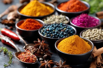 Colorful Spices and Herbs in Bowls and Spoons