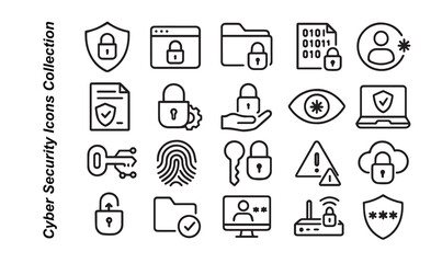Cyber Security and Data Privacy Line Icon Set: Authentication, Network Defense, and Digital Protection Vector