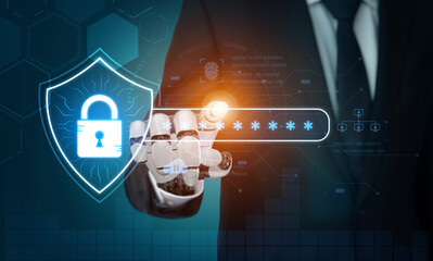 An AI assistant manages an advanced network security system. It integrates password protection with biometric authentication and cloud verification for robust data safety. Fermion