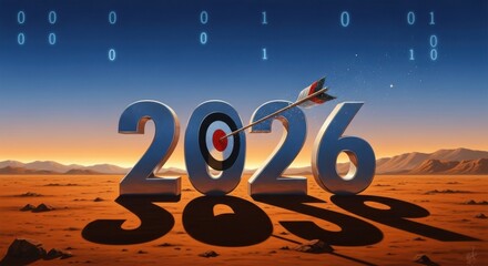 The year 2026 with an arrow hitting the bullseye, symbolizing goals and success in the desert landscape under a blue sky