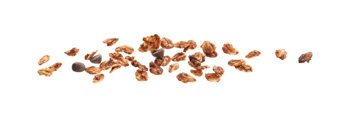 Delicious granola with chocolate chips in air isolated on white