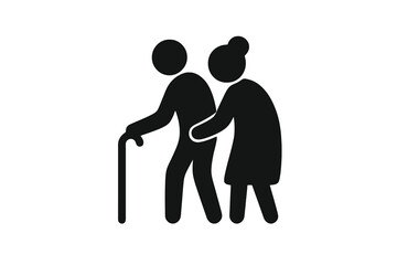 Black glyph vector icon of an elderly couple walking together, one with a cane, symbolizing companionship, aging, and social care, perfect for family and healthcare visuals.