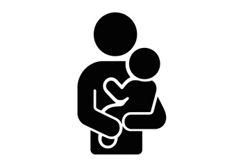 Black glyph vector icon of a father holding his child, symbolizing love, care, and parenthood, perfect for family, social care, and parenting visuals.