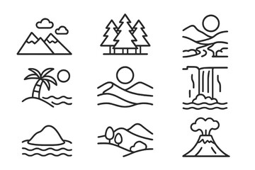 Set of 9 minimalist black icons showing scenic nature views such as desert, island, and valley, ideal for geography, environment, and adventure visuals.