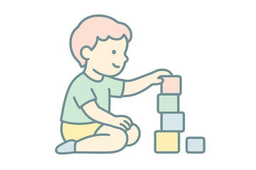 Pastel thin line vector icon of a preschool child building colorful blocks on the floor, perfect for kindergarten, creativity, and early learning visuals.