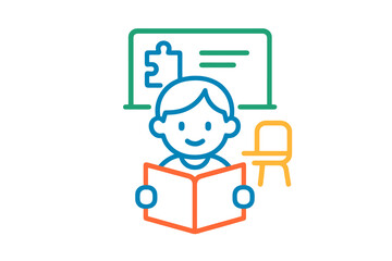 Single vector icon showing a child reading with bright autism colors, ideal for kindergarten, literacy programs, and autism awareness visuals.