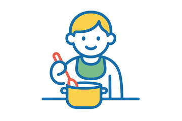 Single vector icon showing a child cooking in class, using autism awareness colors, ideal for kindergarten, early learning, and inclusive creative projects.