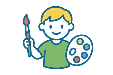 Colorful thin line vector icon of a preschool child painting with brush and palette, designed with autism colors, perfect for inclusive education and art learning visuals.