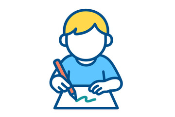 Colorful thin line vector icon of a preschool child drawing with pencil and paper, using autism theme colors, perfect for education and awareness design.