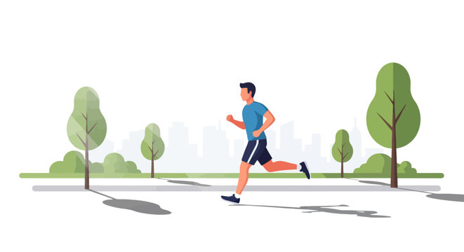 Active lifestyle illustration featuring a man jogging in a park, ideal for promoting health, fitness, and outdoor activities, in digital advertising and wellness campaigns