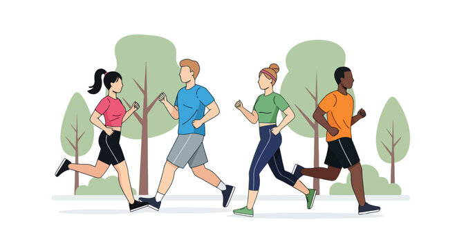 Diverse Group of People Jogging in a Park, Promoting Healthy Lifestyle and Fitness Activities for wellness programs and community health initiatives.