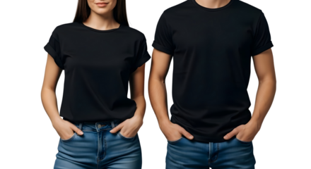 Couple Wearing Black TShirts and Blue Jeans.