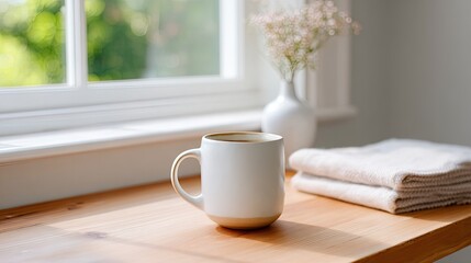 Cozy Morning Scene with a Coffee Mug on a Wooden Table Near a Bright Window with Soft Natural Lighting and a Touch of Minimalism